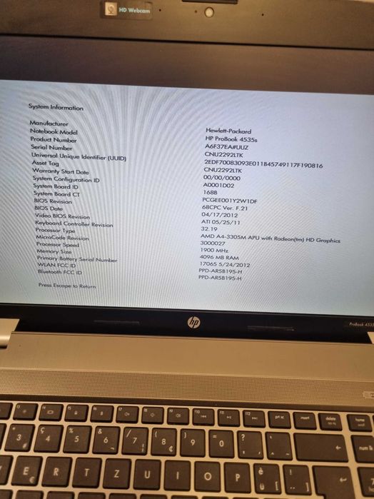 HP probook 4535s AMD A4 3305M ecran 15,4 inch