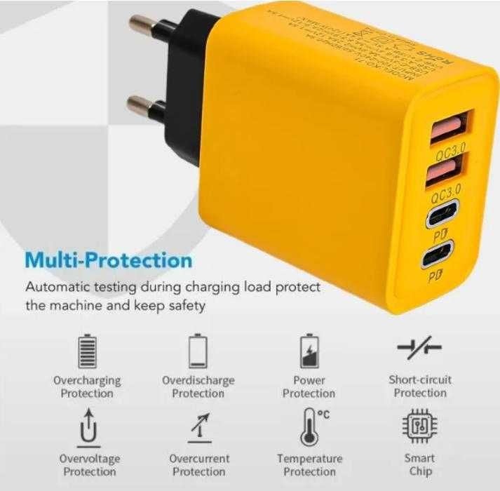 Бързо Зареждащо Зарядно Смартфон 120W 2x изхода за USB кабел +2x за PD