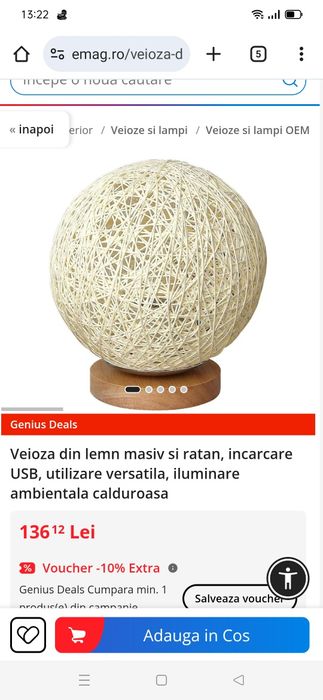 Veioza din lemn masiv si ratan, incarcare USB, utilizare versatila, il