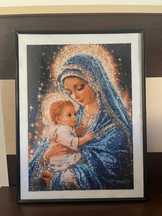 Icoană goblen cu diamante – Maica Domnului cu Pruncul