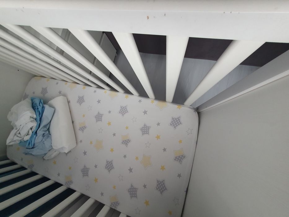 Patut Ikea SUNDVIK + saltea fibra cocos, ofer cearceaf/protectii salte