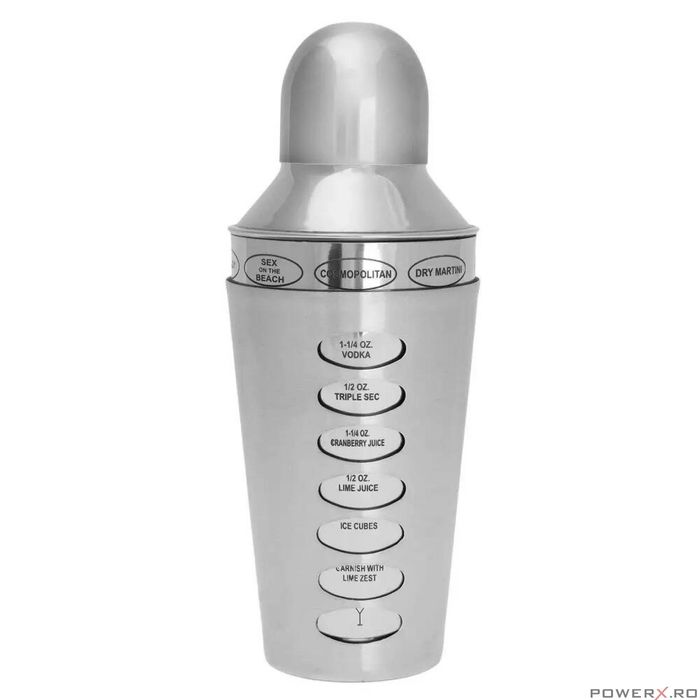 Shaker pentru bauturi si cockteil, 600ml, argintiu, cu retete, din
