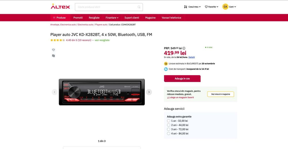 Player auto JVC // 4 x 50W, Bluetooth, USB, FM, Aplicatie mobila