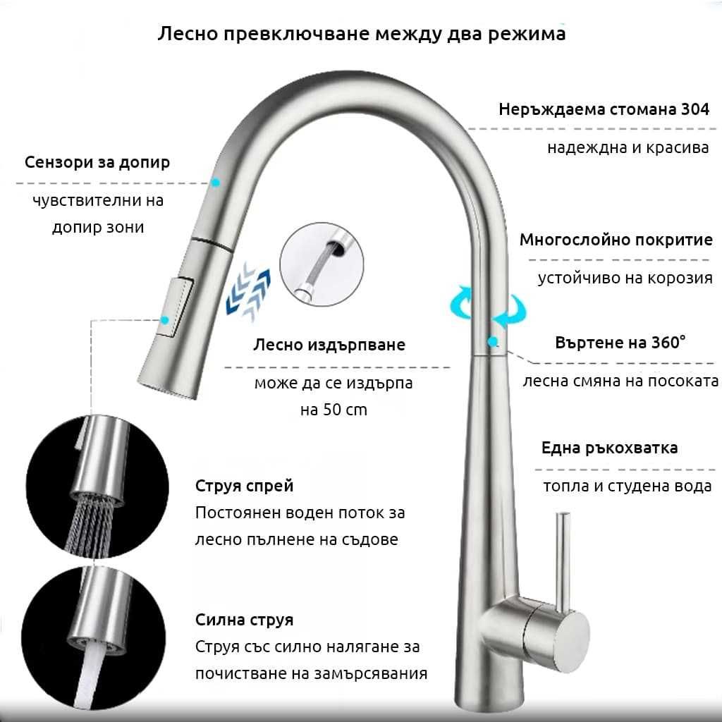 Смарт кухненски смесител с издърпващ се чучур и сензор за допир