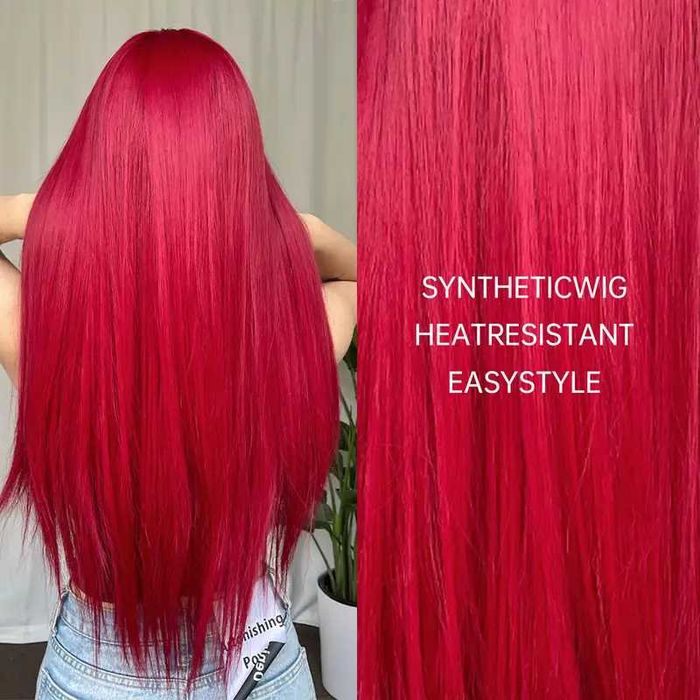 80 см Ярко червена права синтетична перука с дълъг бретон