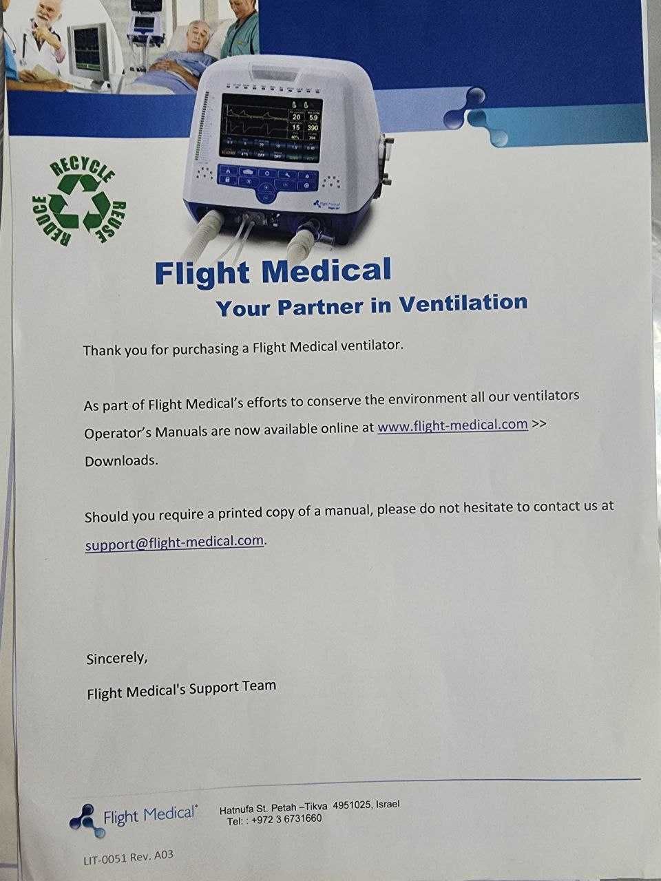Аппарат для искусственной вентиляции легких Flight 60 (ИВЛ) Израиль