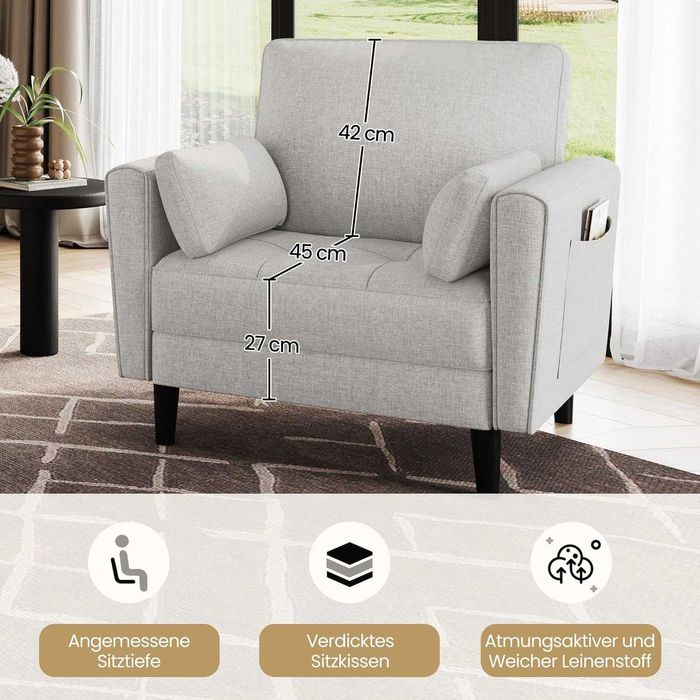 Fotoliu modern cu perne laterale și buzunare laterale |S 614586 Griege