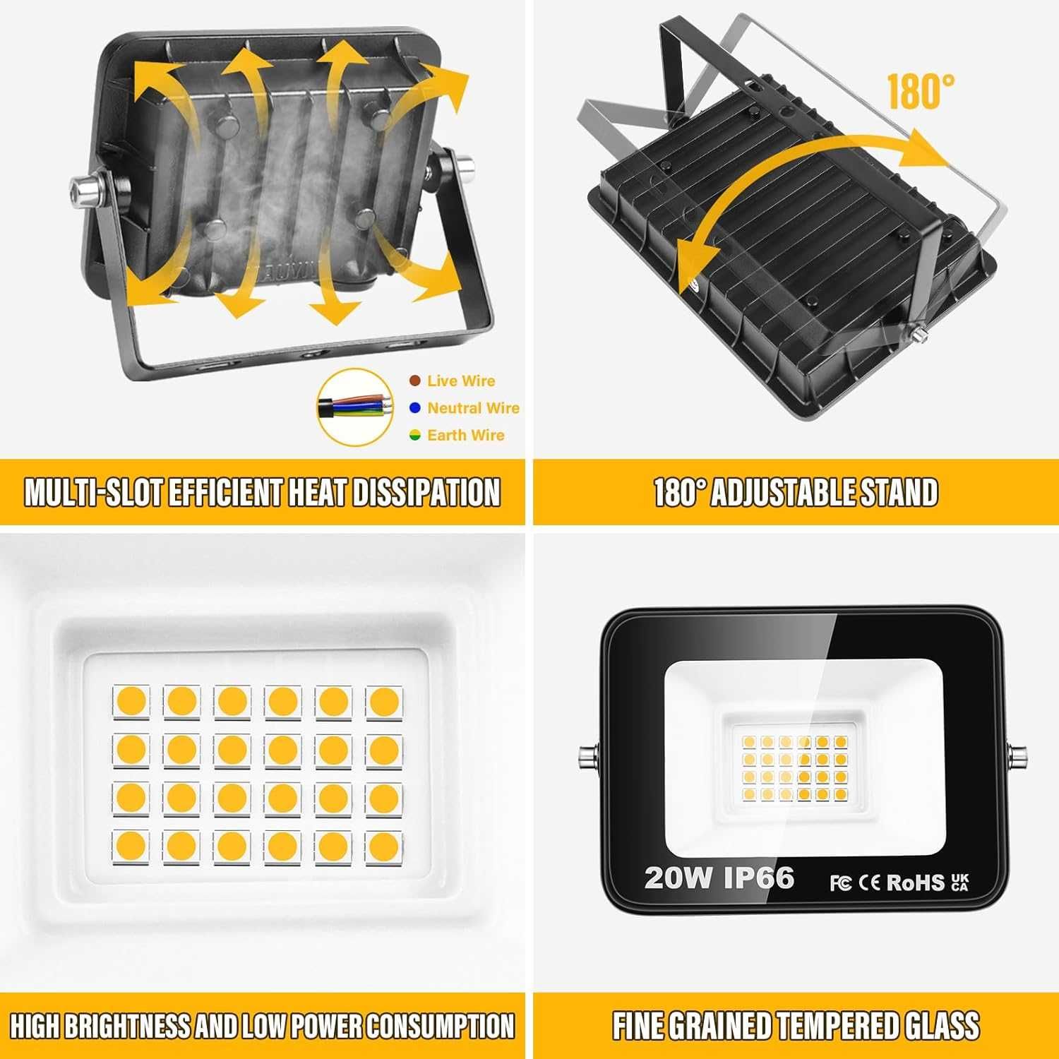 НОВИ! LED Прожектори 20W, топло бяло, водоустойчиви, 2 бр/к-кт