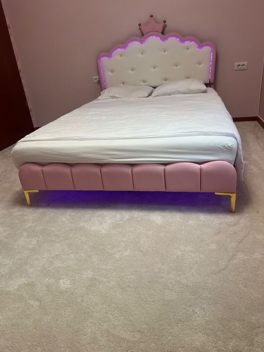 Pat tapițat cu led 90/140x200 cm pat fetițe piele ecologica roz