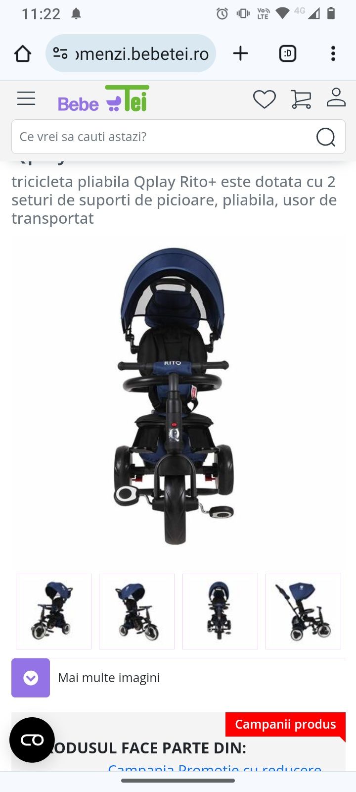 Tricicleta pentru copii Qplay Rito Rubber, pliabila, 12 luni - 3 ani -