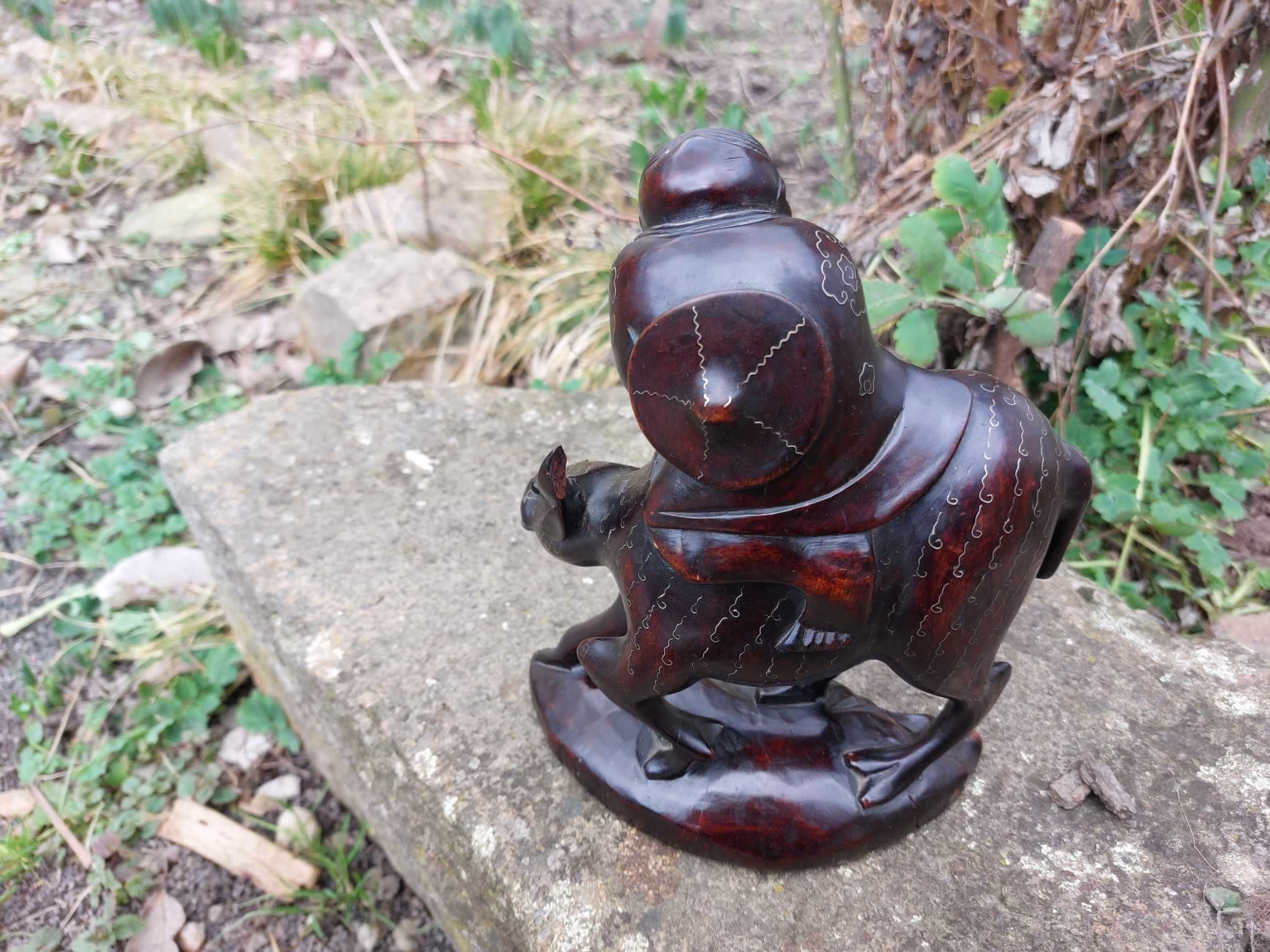 Antique Chinese Carved Wood Man Bull Statue Figurine Metal Inlay Water