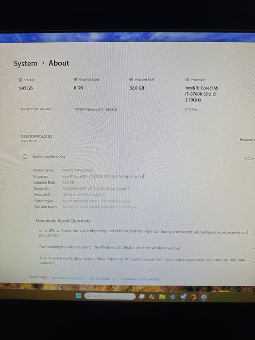 Vand Pc gaming i7 8700k