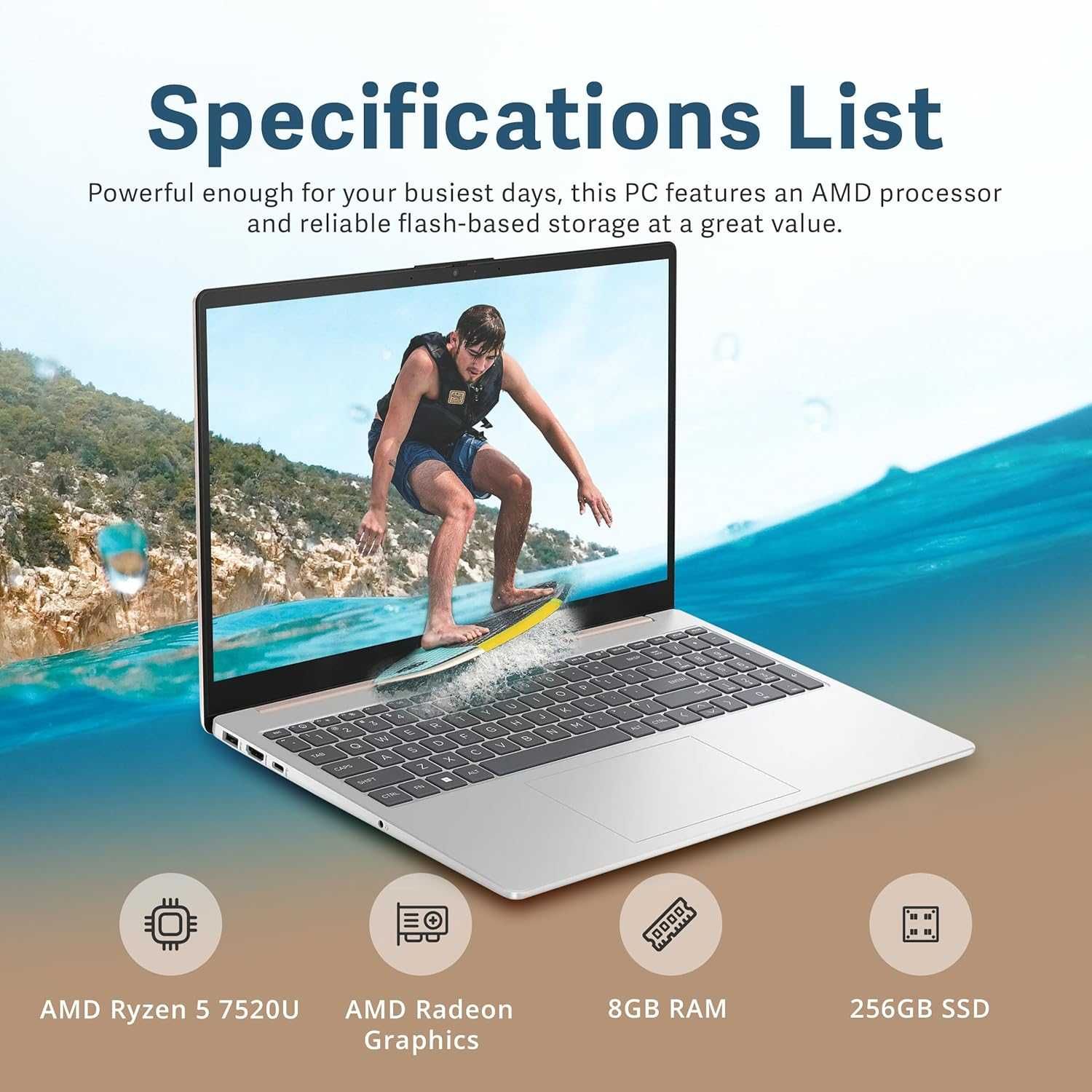HP 15.6" FHD AMD Ryzen 5 7520U, 8GB LPDDR5 RAM, 256GB SSD