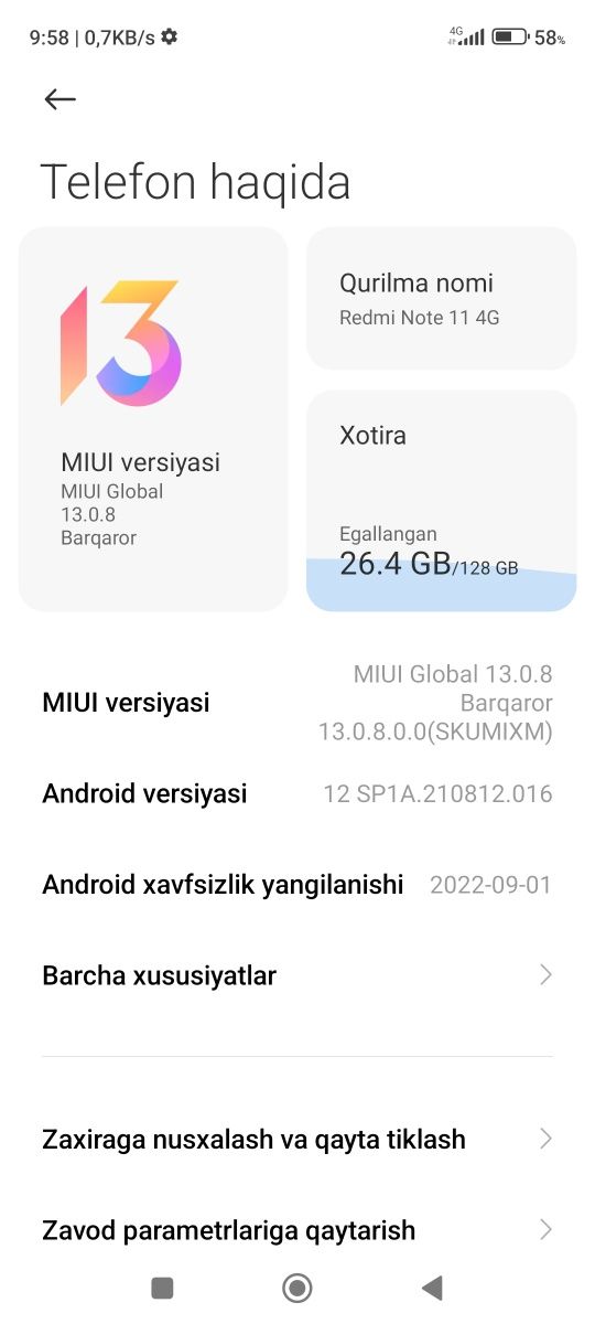 Redmi Note 11 4G  6/128 sotiladi