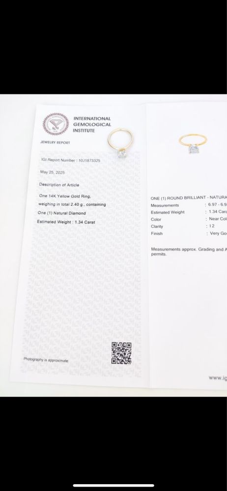 Годежен пръстен с натурален диамант 1 и 34 ct + IGI сертификат
