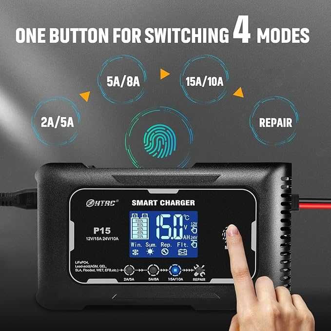 SolaMr 15A Зарядно за Акумулатори на Автомобили, 12V и 24V