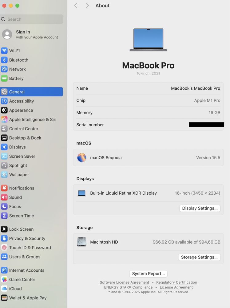 MacBook Pro 16-inch/ M1 Pro / 16 Gb RAM / 1 TB / Space Gray/ Ca nou