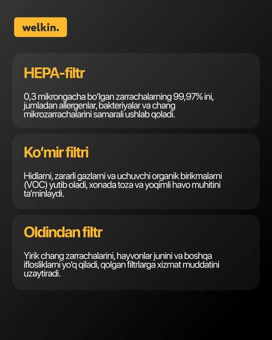 Havo tozalagich + Namlagich Welkin K-08E ishlashi 60 m2 gacha / Wi-Fi