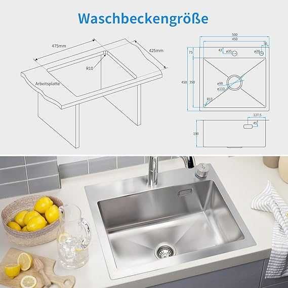 Chiuvetă de bucătărie SANYCASA din inox 50 x 45 cm, cu sifon