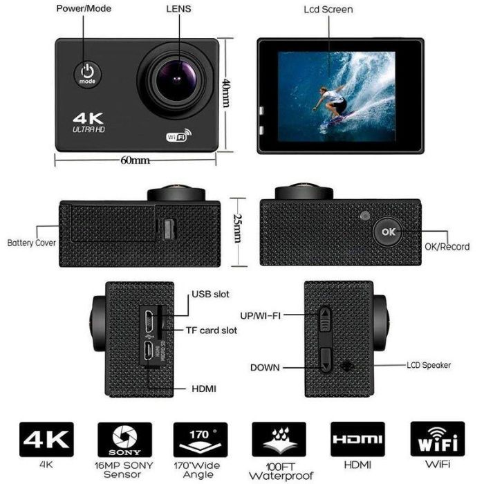Истинска WiFi FullHD Action Camera водоустойчива камера тип GoPro