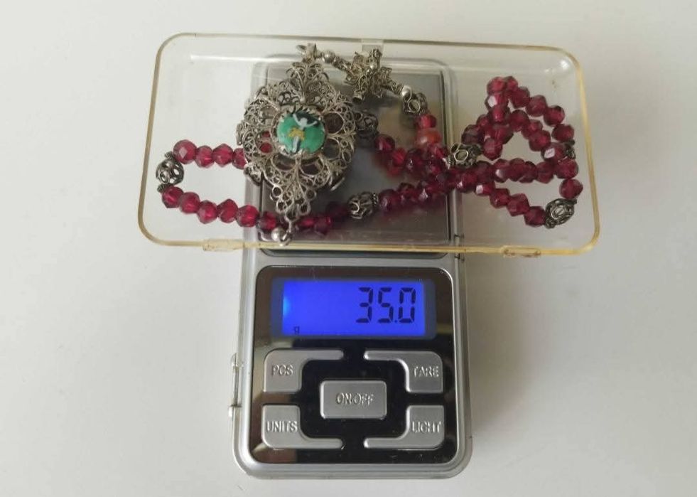 Vechi Rozariu de mana argint filigran cu pietre rosi , antic victorian