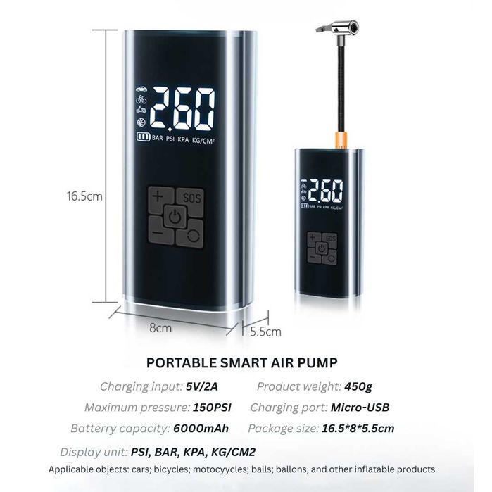 Безжичен Електрически Компресор за Гуми 6000mAh, 150PSI, Презареждаем