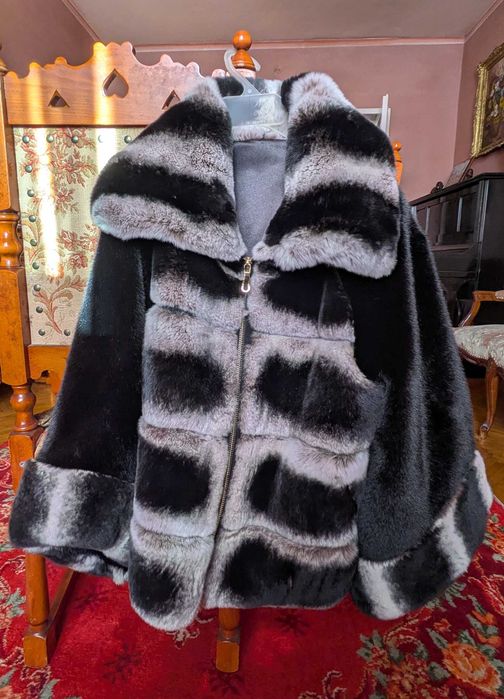 Geacă superbă din blană naturală de iepure Rex (Chinchilla Look)