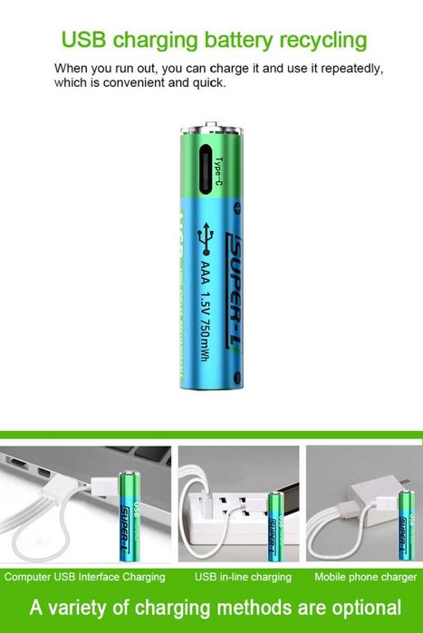 2 штук АА Li-ion батарейки 1.5V 2500 mWh USB с USB кабель (Super-L)