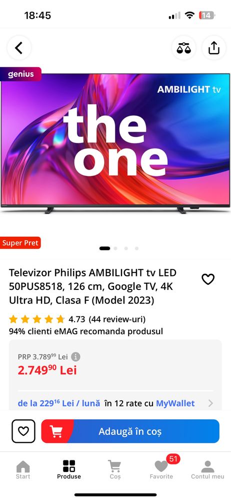 Televizor Philips AMBILIGHT tv LED 126 cm