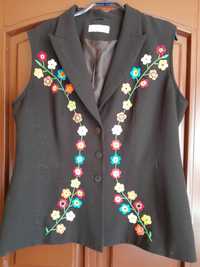 Vesta dama neagra C&A, personalizata cu flori colorate handmade XL