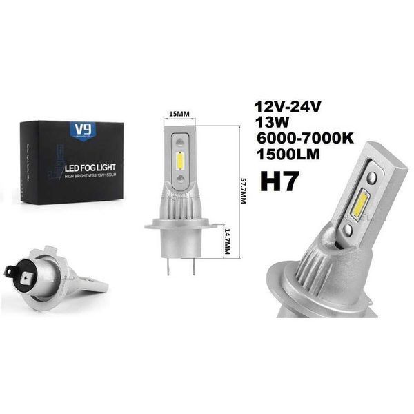 V9 Диодни LED крушки H7, 13w, 1500 lm, без вентилатор, 12V-24V