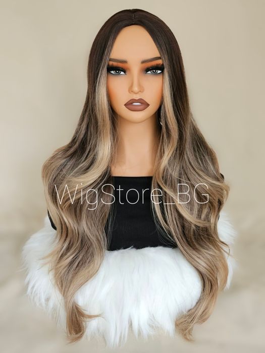 Кестенява омбре перука на вълни без бретон
