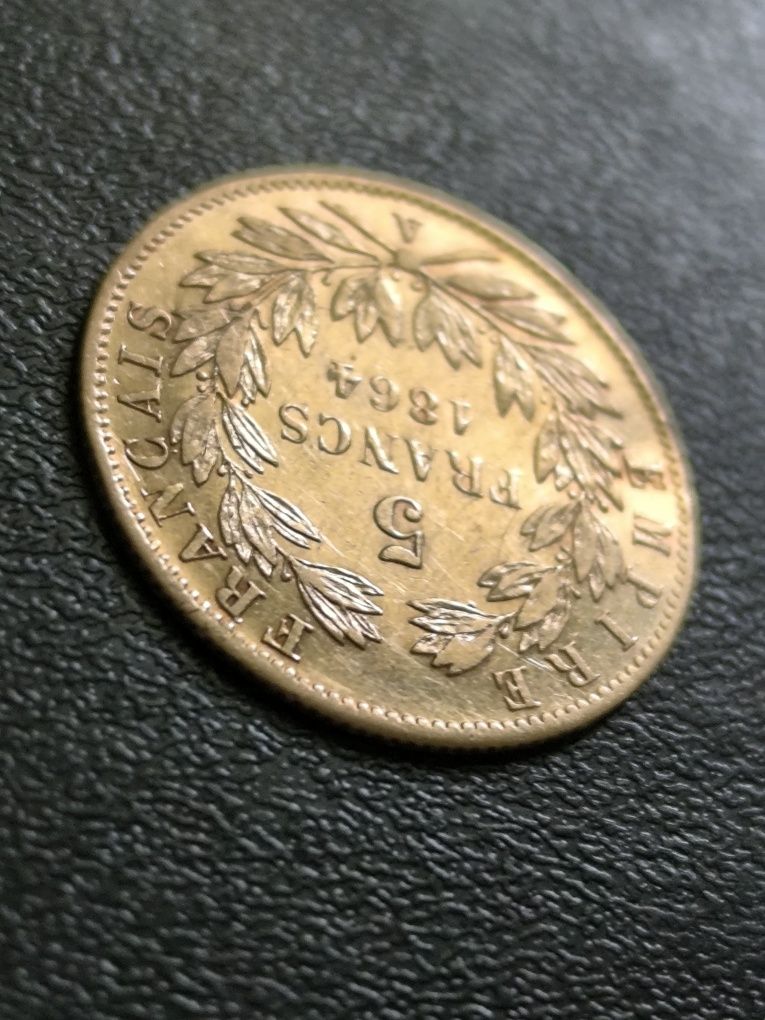 5 франка 1864 год, Наполеон с венец, Злато 1.61 гр,900/1000