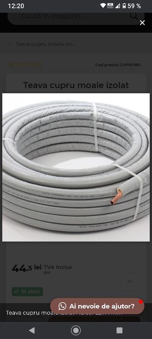 Țeavă de cupru moale de 22x1