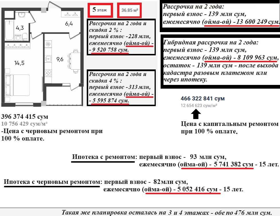 ЖК Fayzli hayot. 1-комнатная, 36.85 м². г. Ташкент, ТРЦ "Компас"