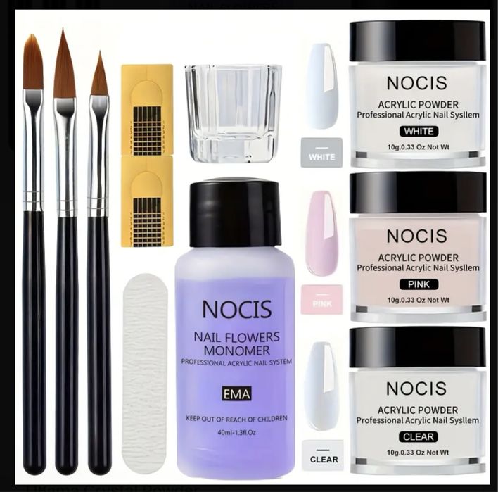 Пълен комплект за ноктопластика - пудри, мономер, четки и аксесоари