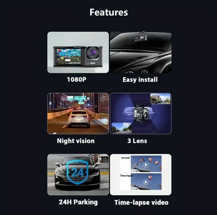 Vavupo 1080P Тройна Даш Камера за Коли Нощно Виждане 32GB карта памет