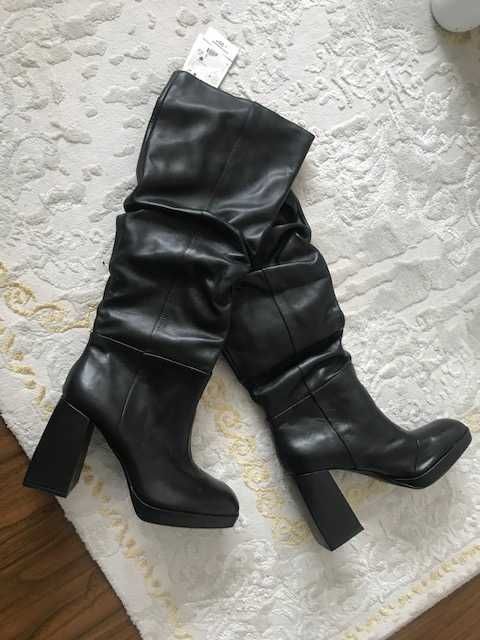 bershka inditex zara cizme piele toc negru tub