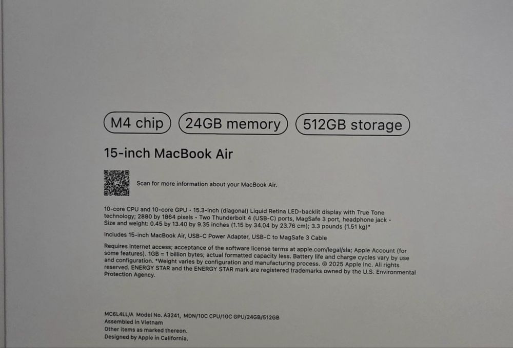 Apple MacBook Air 15 inch M4 24/512Gb “Midnight” A3241