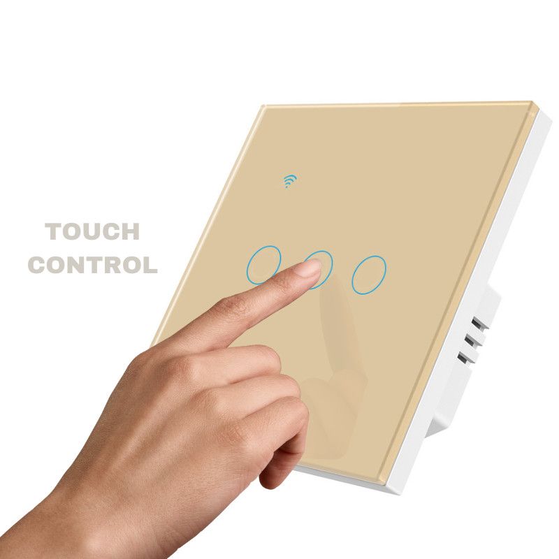 Intrerupator smart touch iUni 3F, Wi-Fi, Sticla securizata, LED, Gold