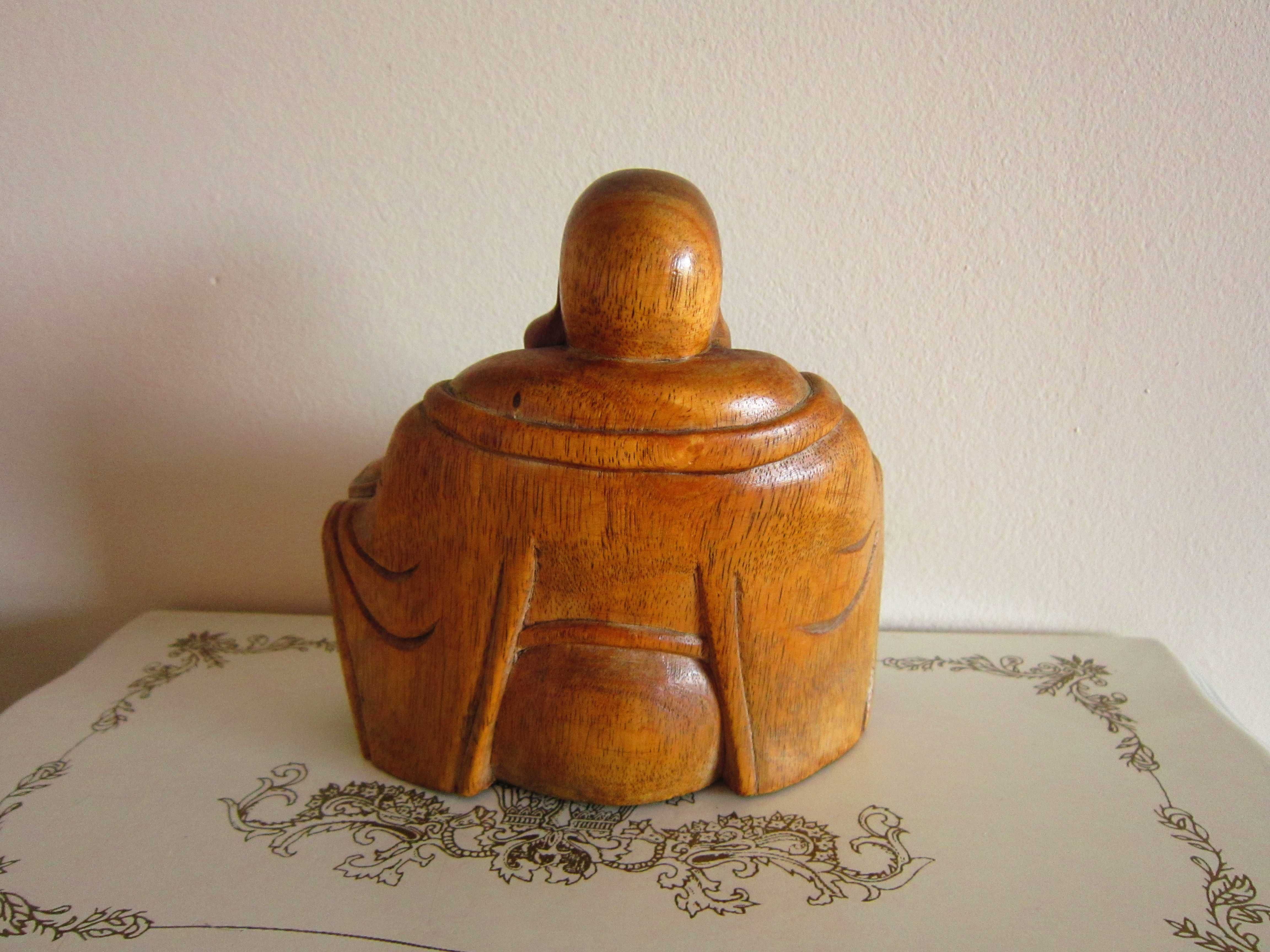 cadou rar Happy Buddha fericire sculptura feng shui lemn Suar anii'60