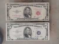 2 bancnote 1953 serie roșu si albastru 5 dolari USA pret total