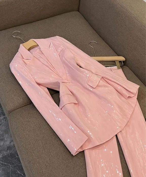 Compleu elegant roz paiete sacou blazer pantalon lung evazat cocktail