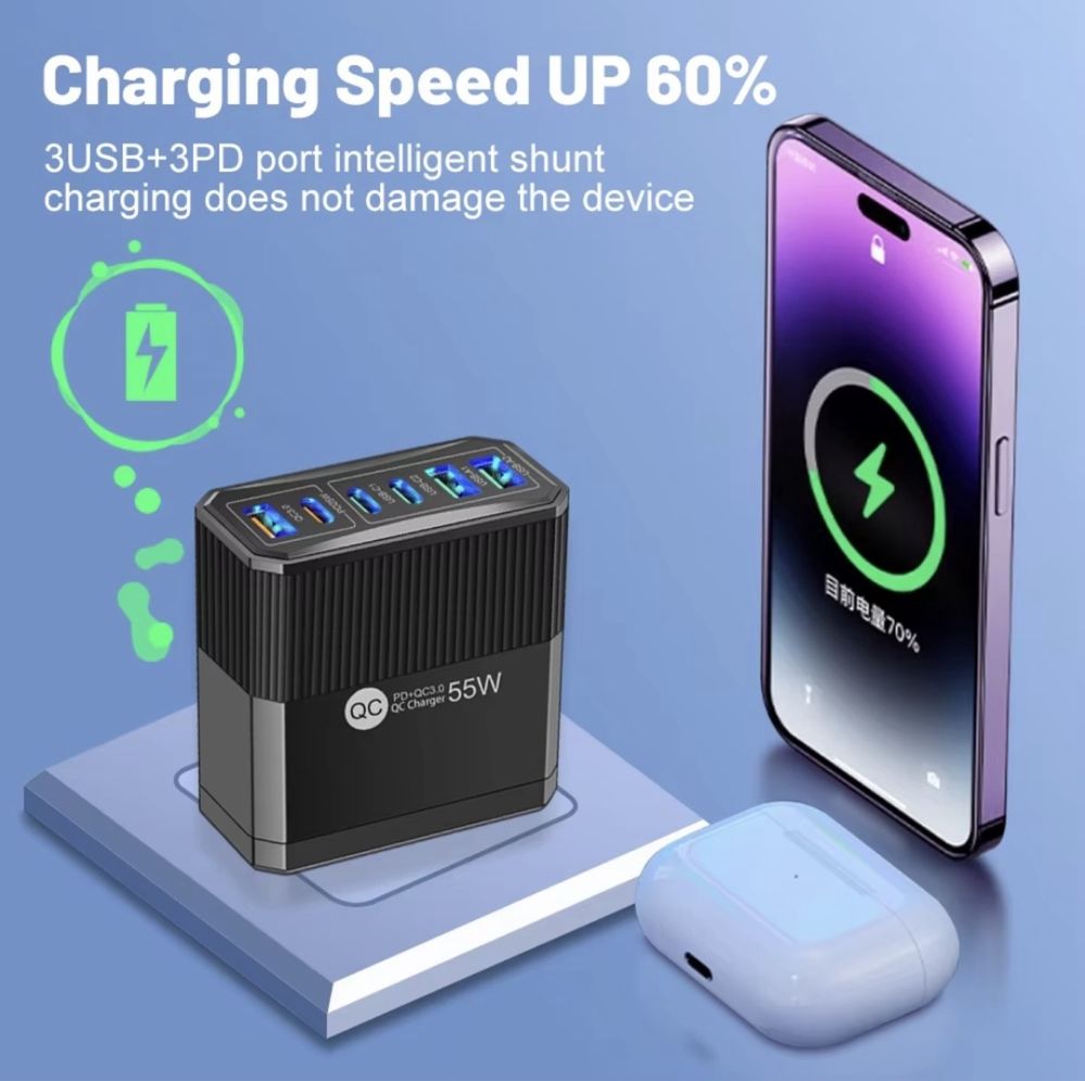 55W USB зарядно ,Бързо зареждане 6 порта Quick Charge 3.0