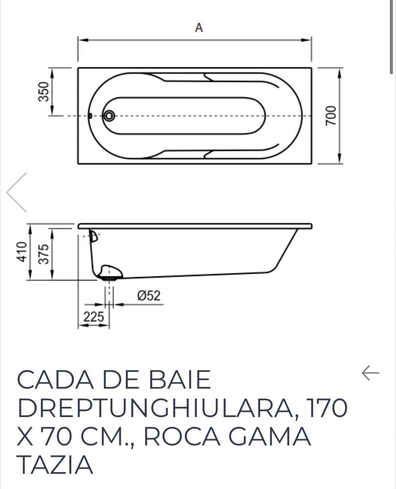 Cada de baie rectangulara ROCA  Tazia acril 1700x70 cm