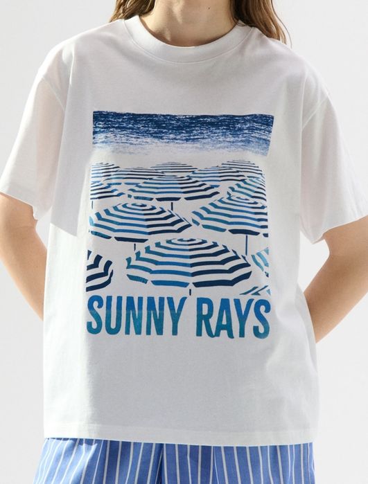 Нова дамска бяла тениска памук с принт Sinsay размер XXS