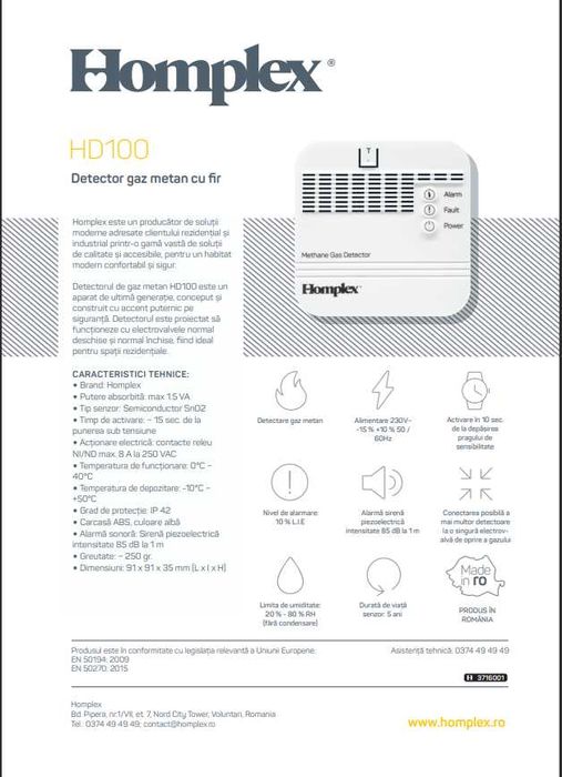 Detector de gaz metan Homplex HD100 cu senzor JAPONEZ SN02 premium
