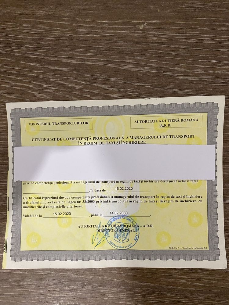 Certificat manager taxi uber bolt meneger tranaport flota srl pfa arr