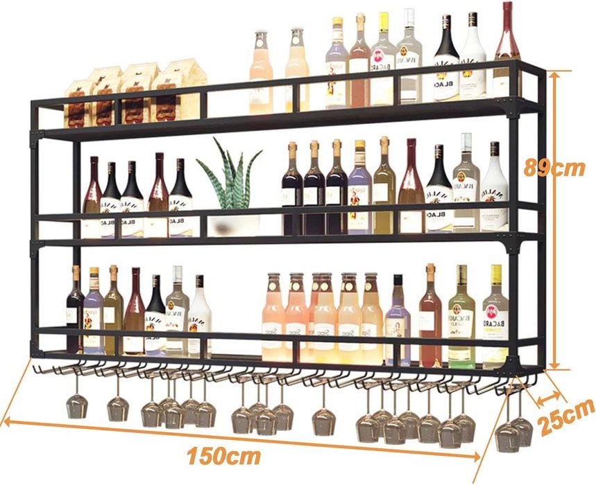 Bar Perete, Crama Perete 150cm cu LED  Metal Auriu/Negru Suport Pahare