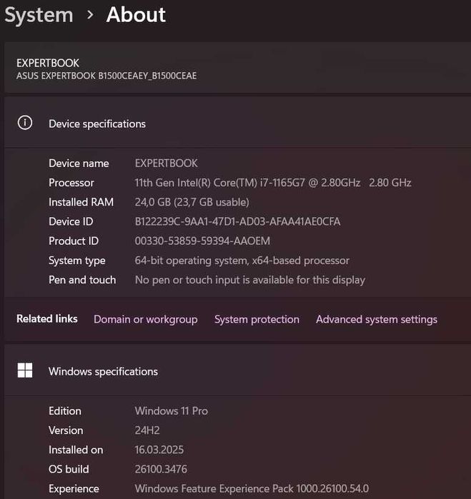 Laptop Asus Expertbook core I7, 24 gb ram, 512 ssd M.2